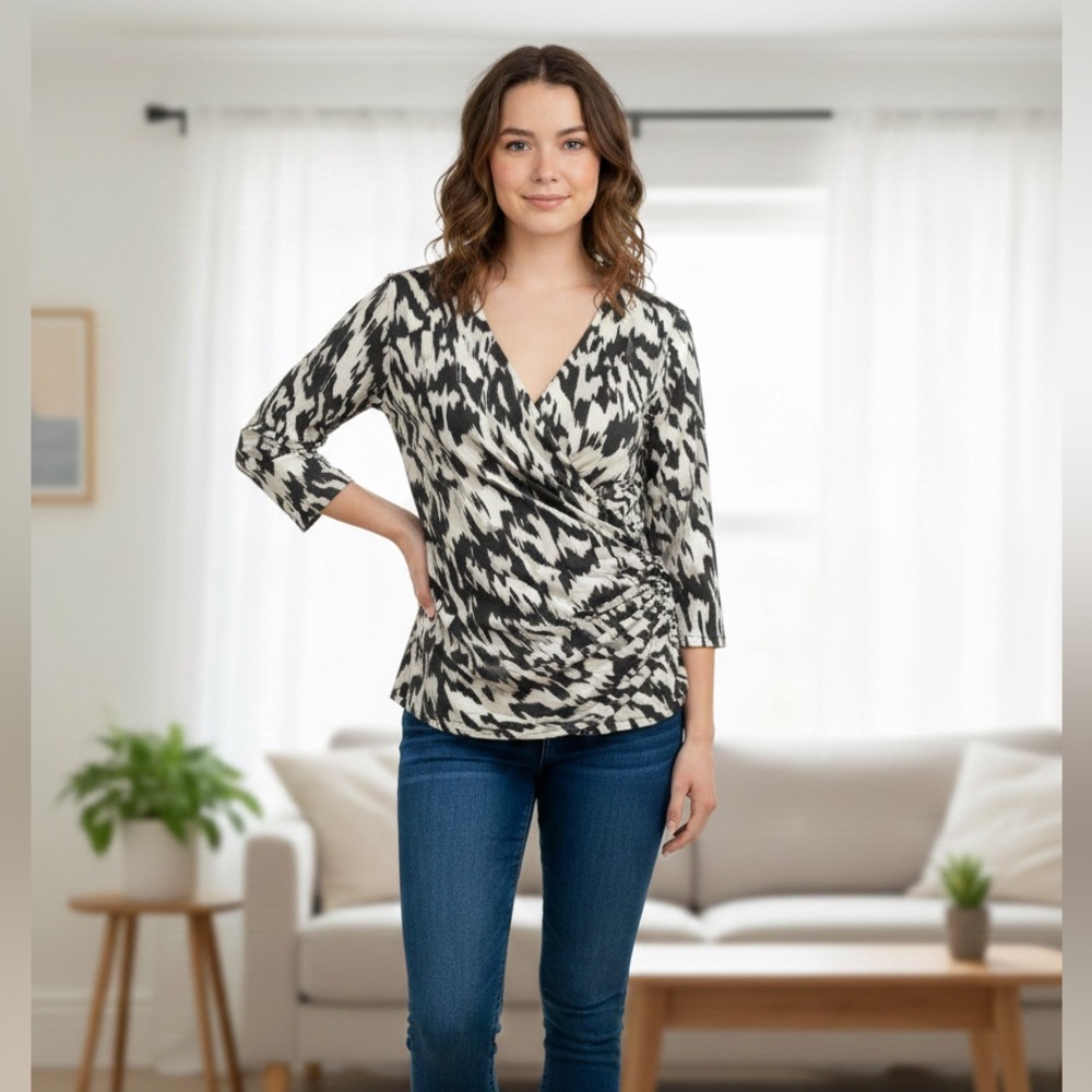 Jennifer Lopez Black and White Abstract Blouse